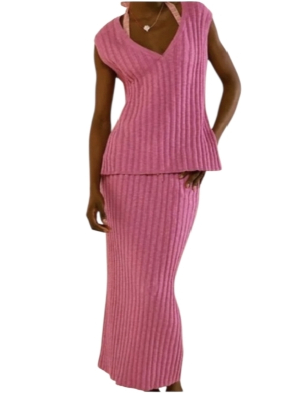 Free People FP Beach Pink Ribbed Knit Veda Skirt Set V-Neck Top Sleeveless